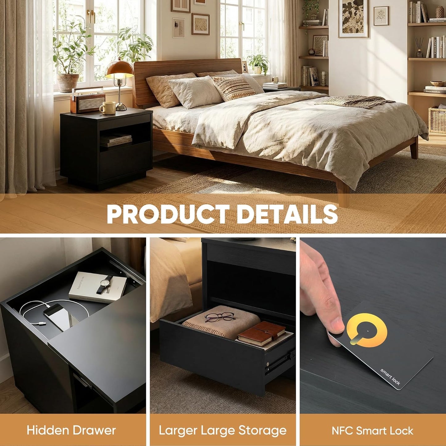 Dormily Hidden Storage Drawer Nightstand Bedside Table, Matte Black