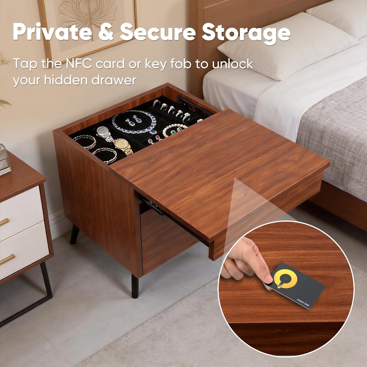 Dormily Hidden Storage Drawer Nightstand Bedside Table, Walnut