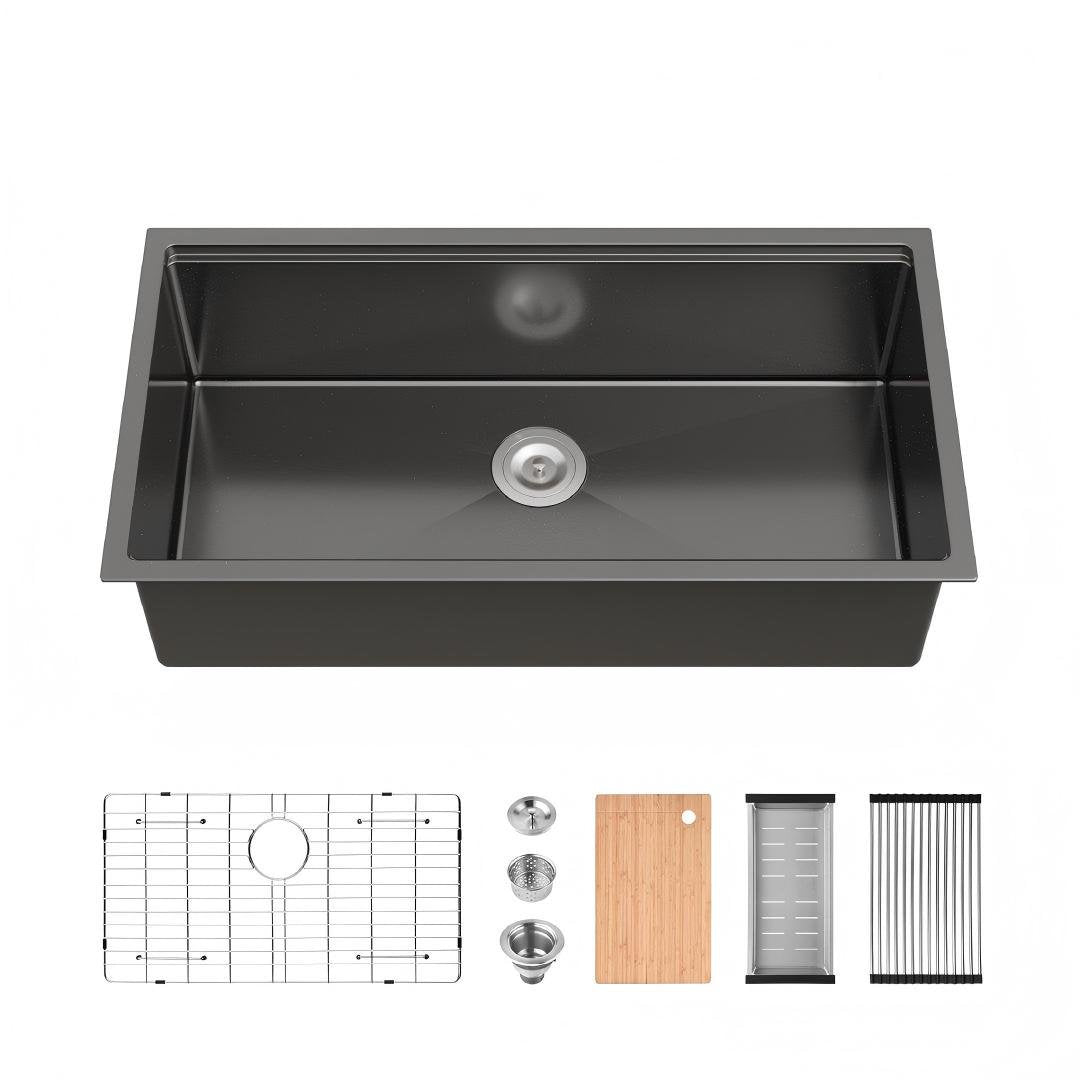 COZY 36"x 19" Black Stainless Steel Kitchen Sink Single Bowl Overmount Handmade Sink with Drain and Hook, CZY-SS-BL10-301808