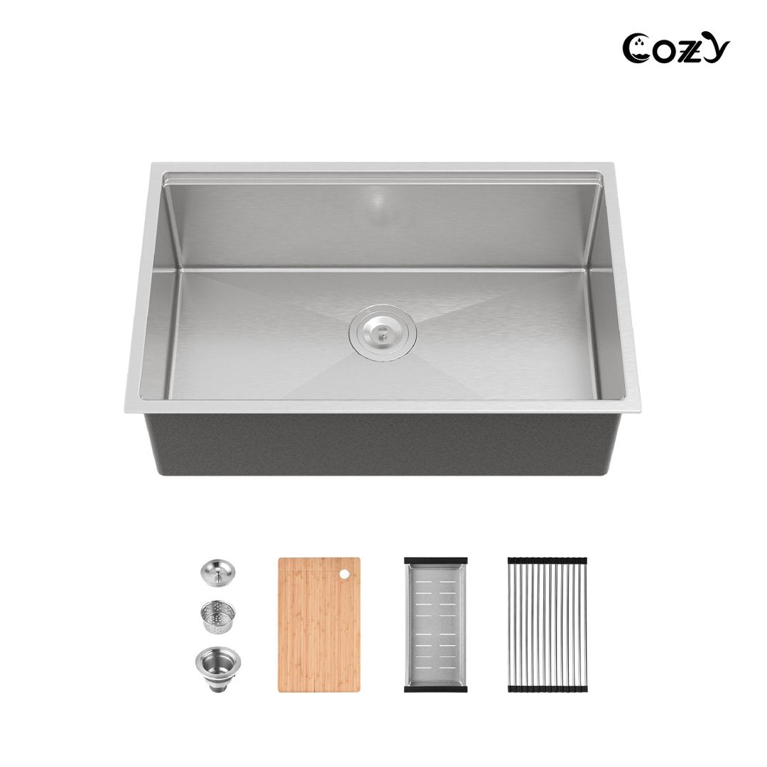 COZY 30" x 19" Stainless Steel Workstation Sink Undermount Single Bowl, Brushed Finish with Cutting Board and Colander, CZY-SS-BR07D-301908