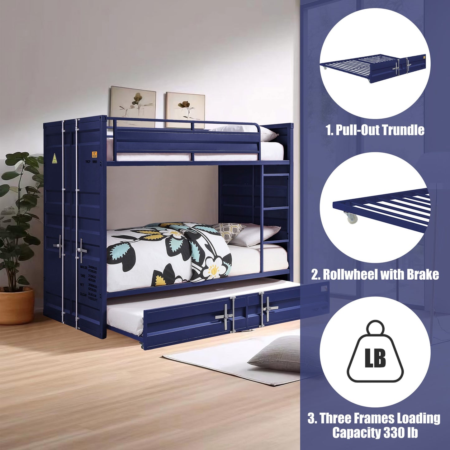 Dormily Twin Over Twin Metal Bunk Bed with Trundle, Twin Size Metal Bu