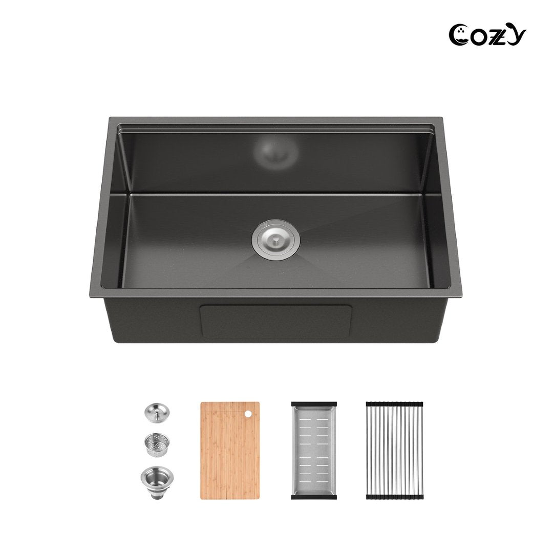 COZY 30" x 19" Black Stainless Steel Workstation Sink Undermount Single Bowl with Cutting Board and Colander, CZY-SS-BL07D-301908-2
