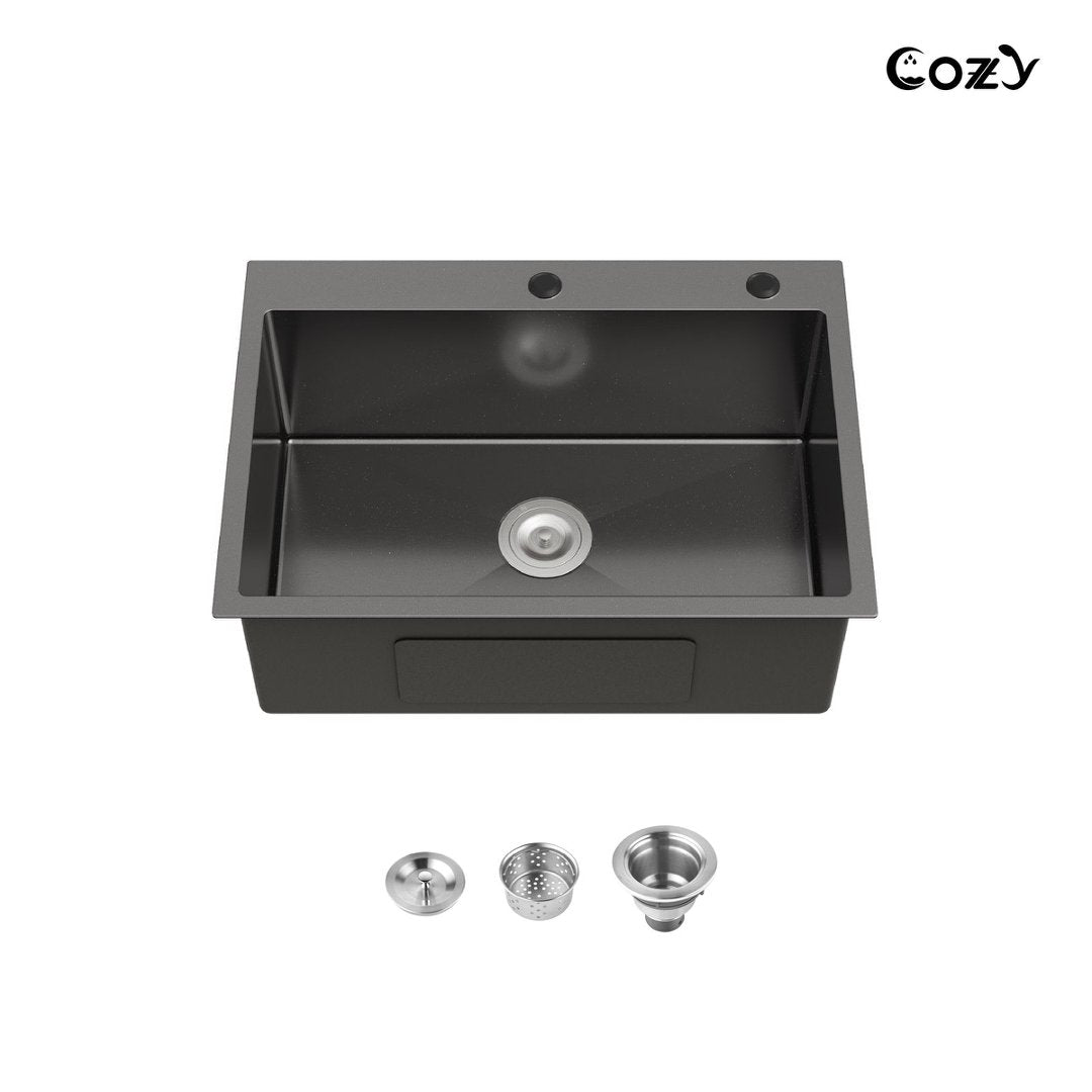 COZY 27英寸x19英寸黑色不锈钢厨房水槽单槽台上式手工水槽带沥水器和挂钩，CZY-SS-BL02D-271908-2