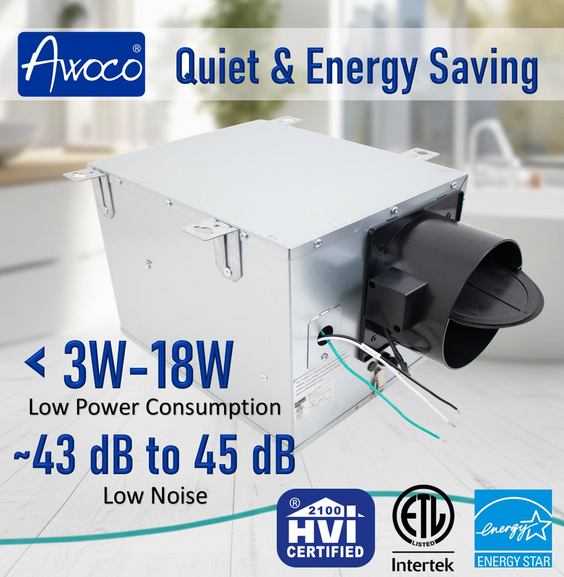 Awoco 6英寸通风补风（MUA）系统，3速100 CFM，带MERV13过滤器，节能HVI认证