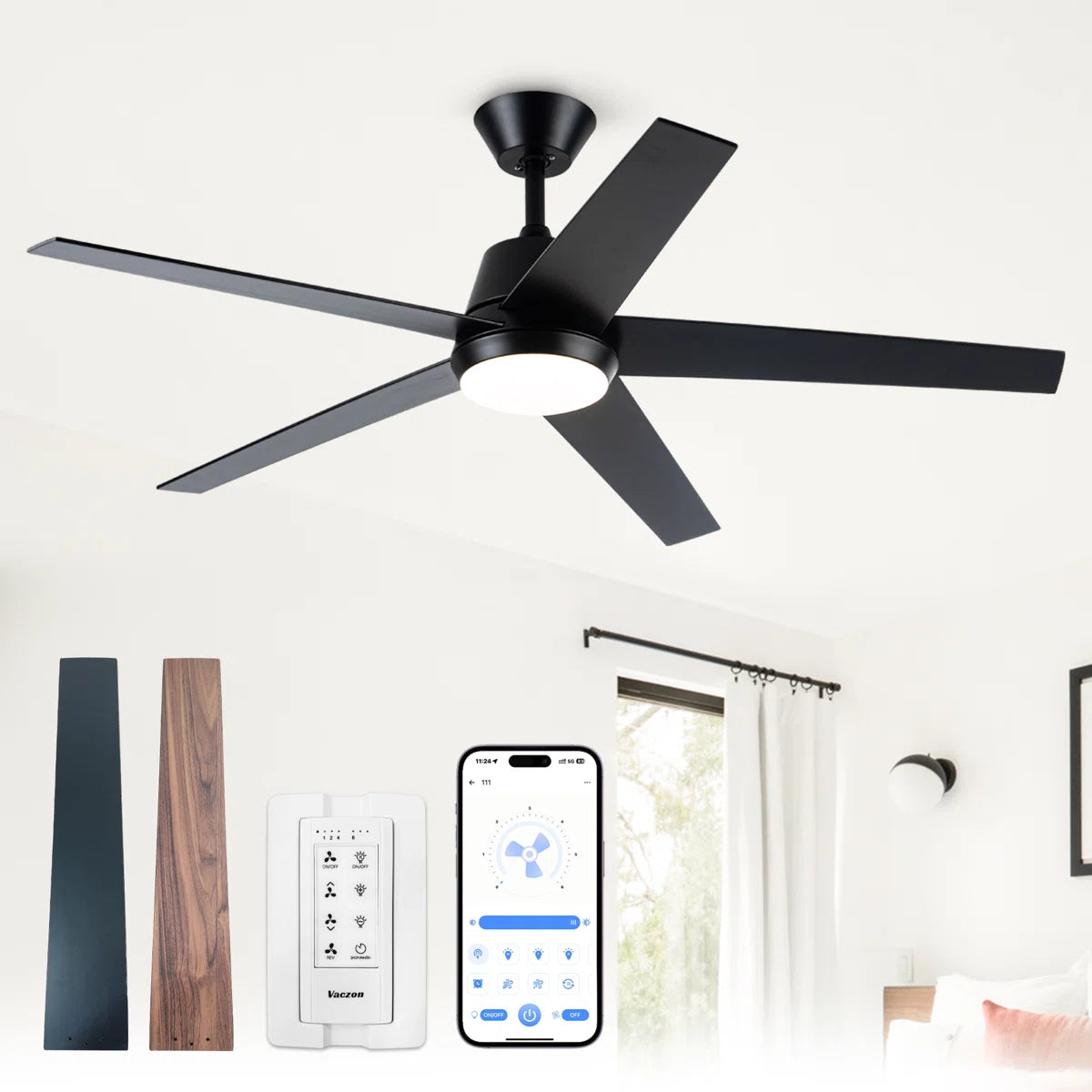 52" Vaczon Otis LED Ceiling Fan - App & Remote Control, Downrod Mount