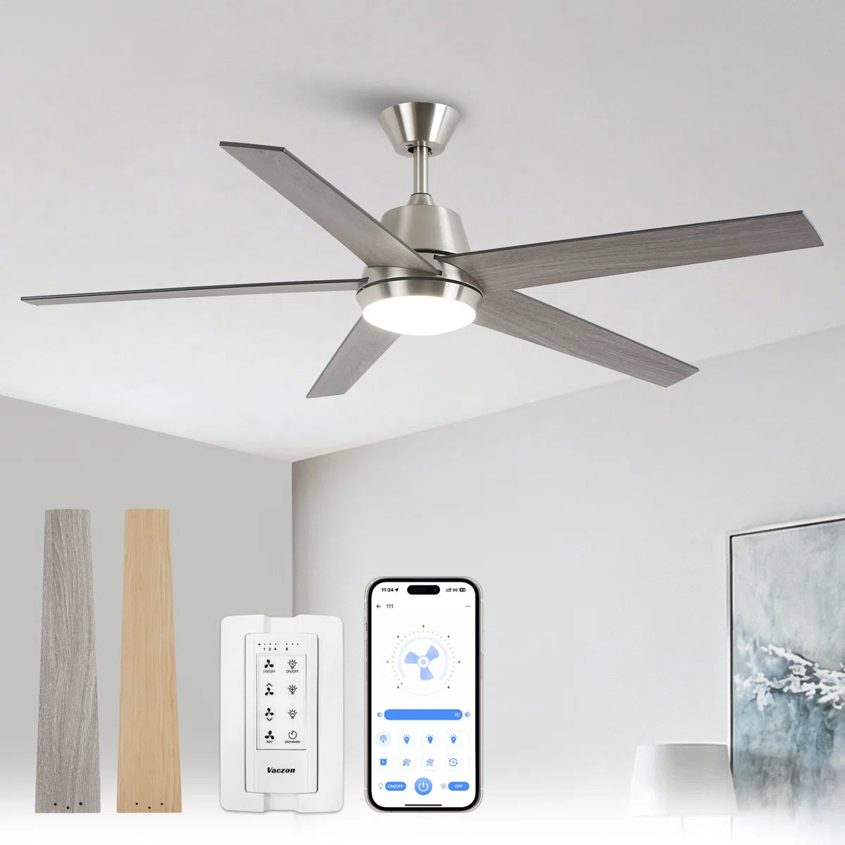 52" Vaczon Otis LED Ceiling Fan - App & Remote Control, Downrod Mount