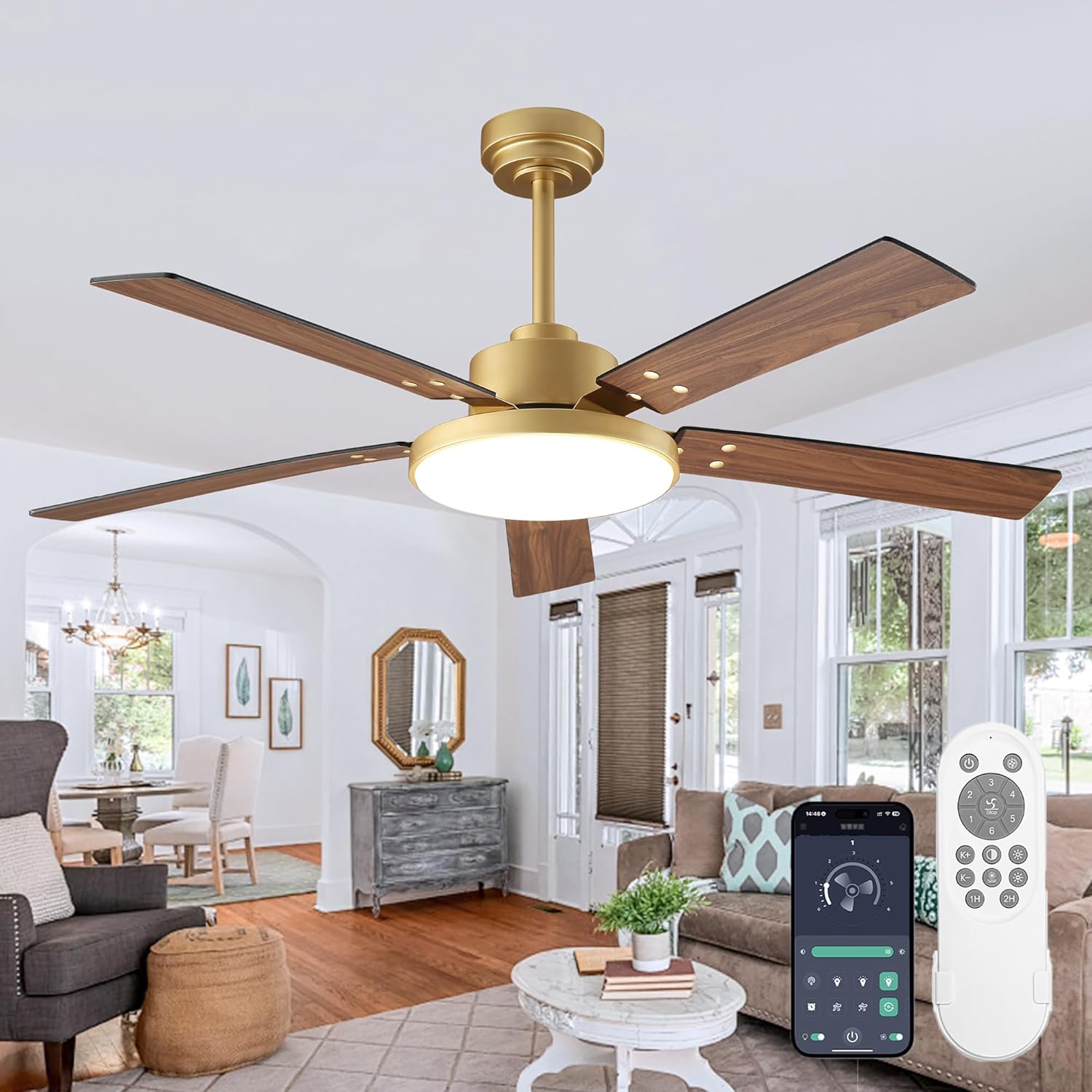 52" Vaczon Modern Ceiling Fan - Reversible Blades, LED Light & Remote