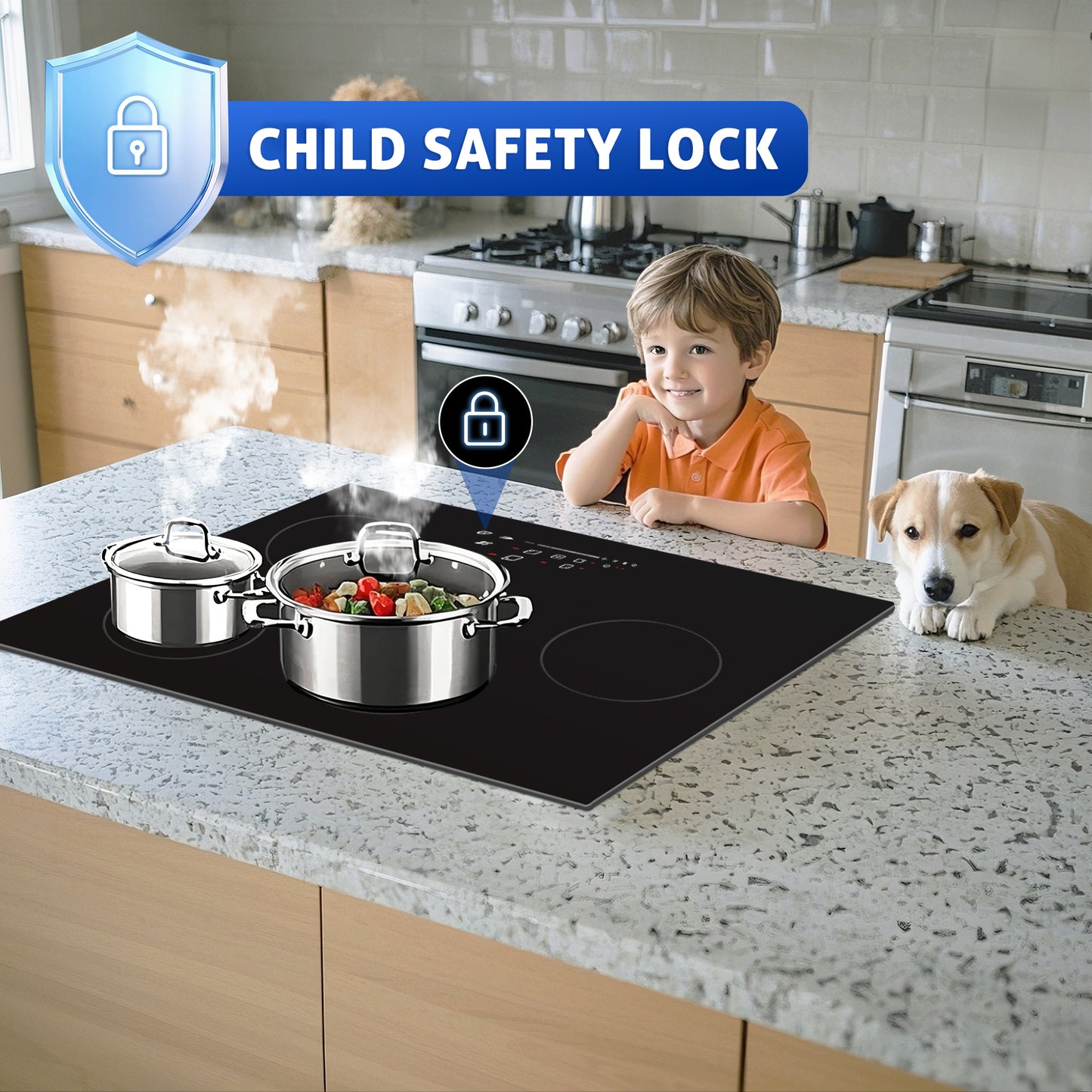 Awoco Ceramic Cooktop, Electric Stove with Multiple Burners with hard wire, 9 Power Levels Digital Timer Child Lock, Residual Heat Indicator, Automatic Shut-Off Easy Clean Touch Panel, 220-240V