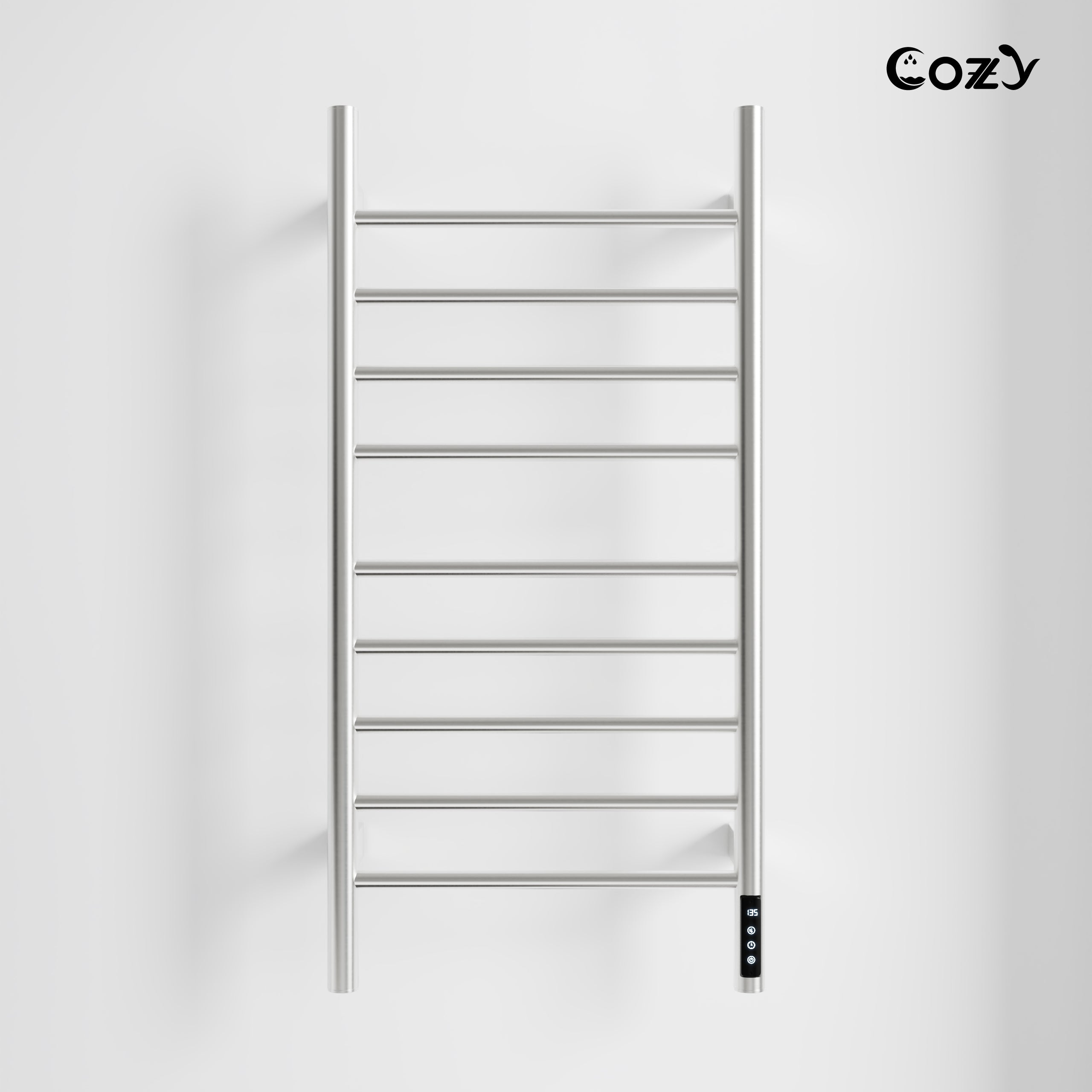 COZY Smart Electric Towel Warmer 9-Bar 150W Wall Mounted with Shelf, LED Screen, Timer and Plug-In & Hardwire in Brushed Nickel