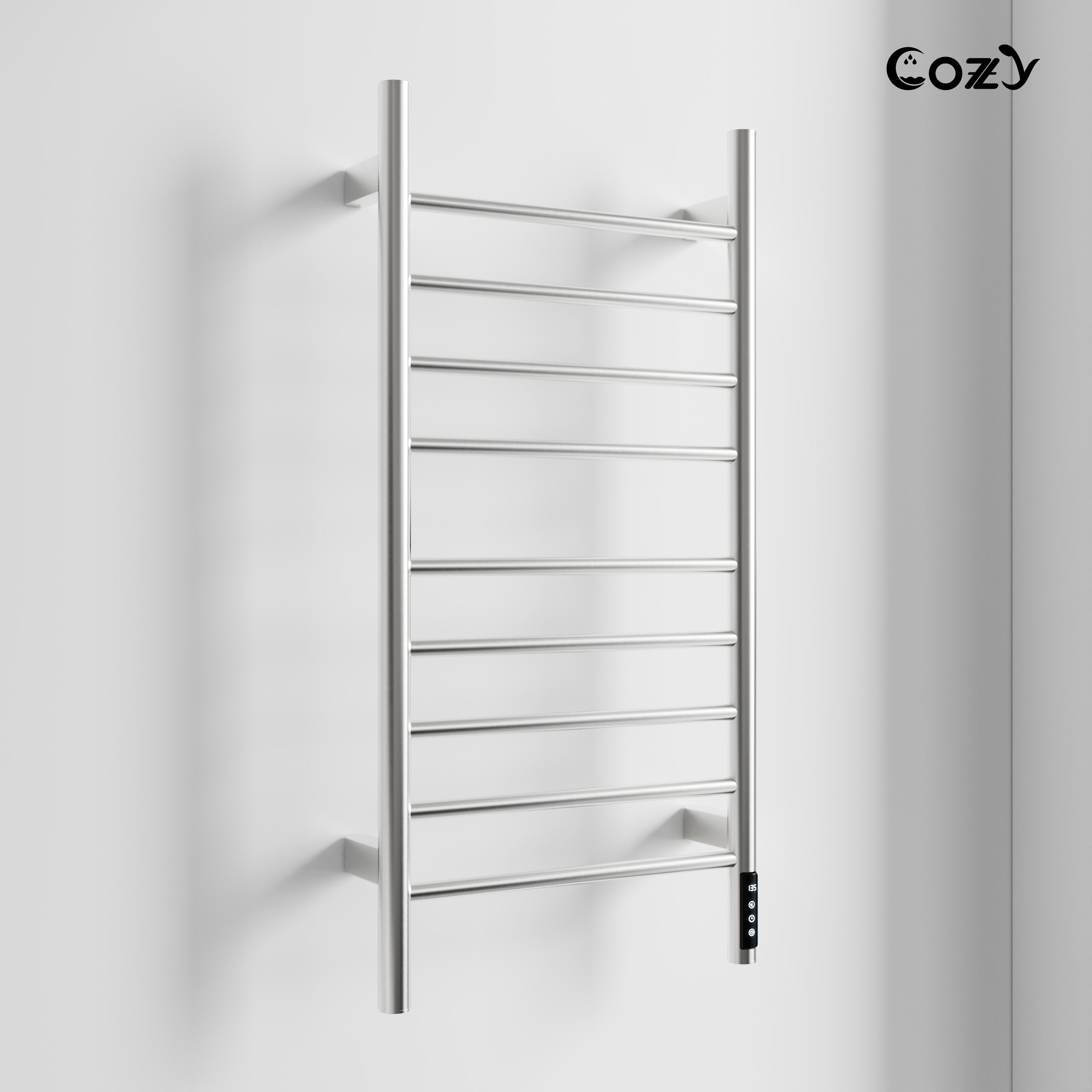 COZY Smart Electric Towel Warmer 9-Bar 150W Wall Mounted with Shelf, LED Screen, Timer and Plug-In & Hardwire in Brushed Nickel
