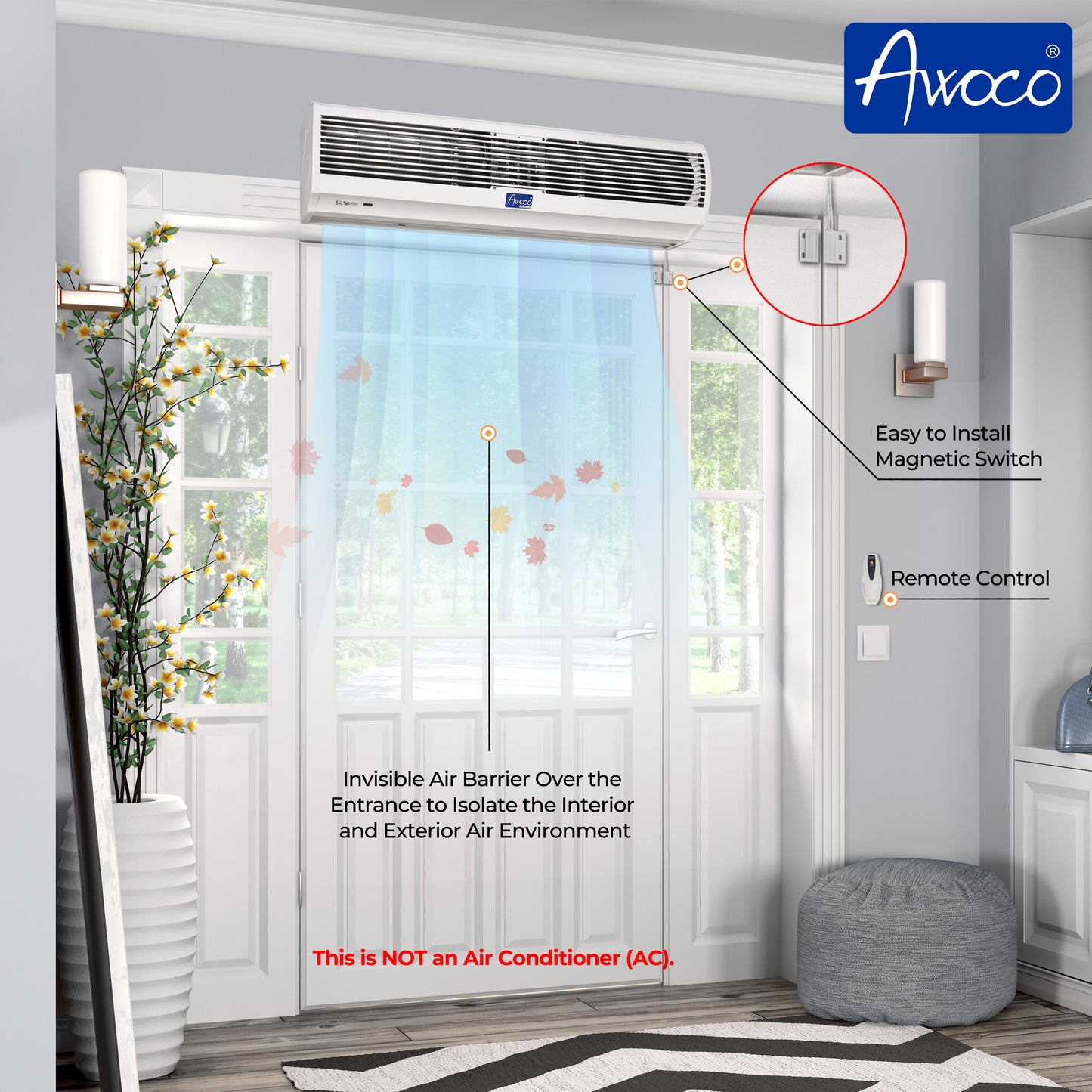 Awoco FM12 Slimline 2 Speeds Air Curtain, CE Certified 120V Unheated with an Easy-Install Magnetic Switch