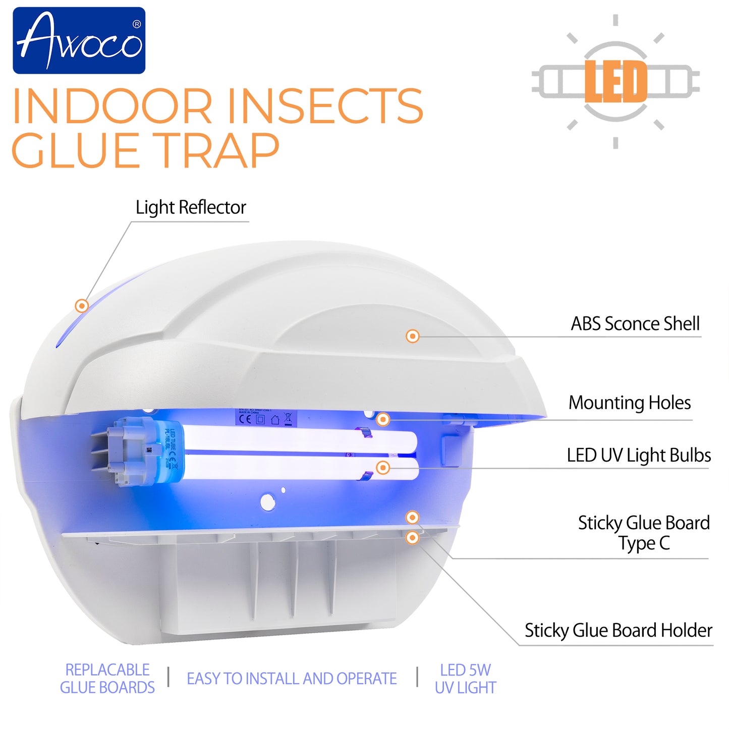 Awoco FT-1C18-LED 5 W Wall Mount Sconce Sticky Fly Trap Lamp