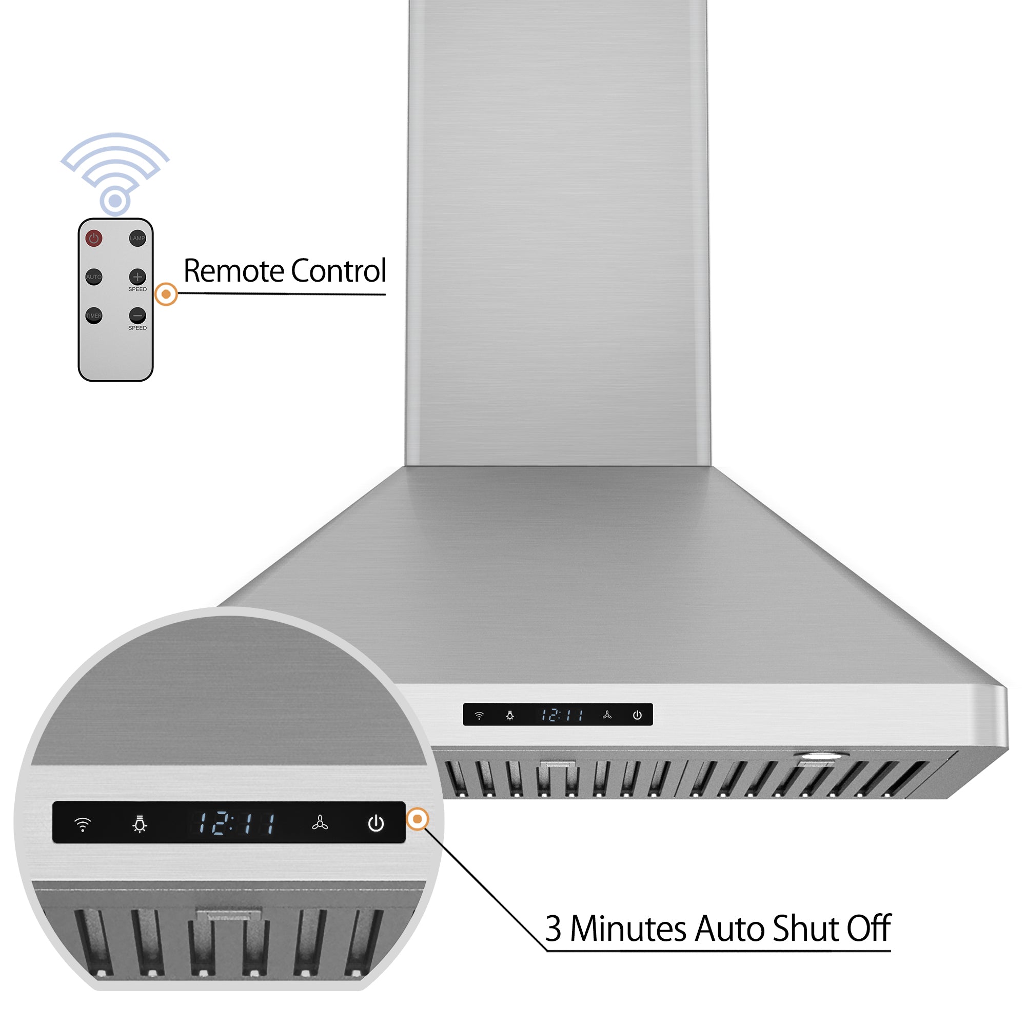 Awoco 30" Wall Mount Stainless Steel Range Hood, 3 Speeds 6” Round Top Vent 800CFM 2 LED Lights with Remote Control