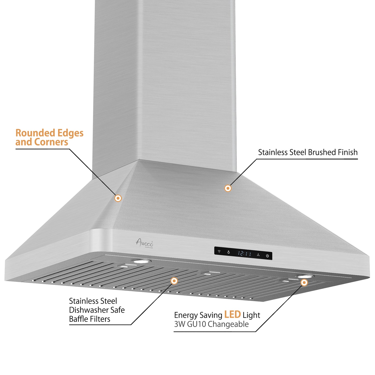 Awoco 30" Wall Mount Stainless Steel Range Hood, 3 Speeds 6” Round Top Vent 800CFM 2 LED Lights with Remote Control