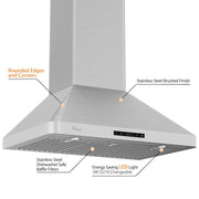 Awoco 30" Wall Mount Stainless Steel Range Hood, 3 Speeds 6” Round Top Vent 800CFM 2 LED Lights with Remote Control