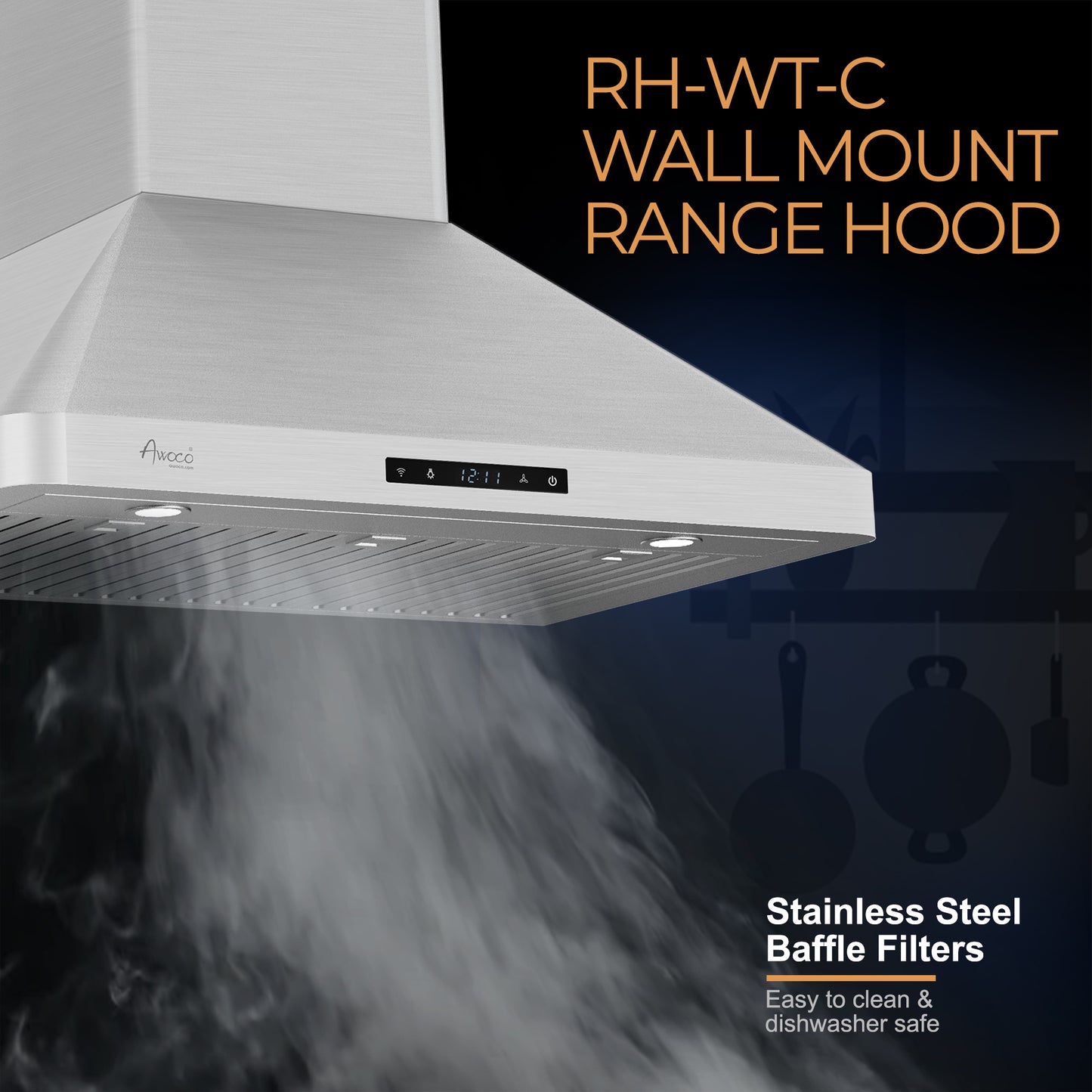 Awoco 30" Wall Mount Stainless Steel Range Hood, 3 Speeds 6” Round Top Vent 800CFM 2 LED Lights with Remote Control