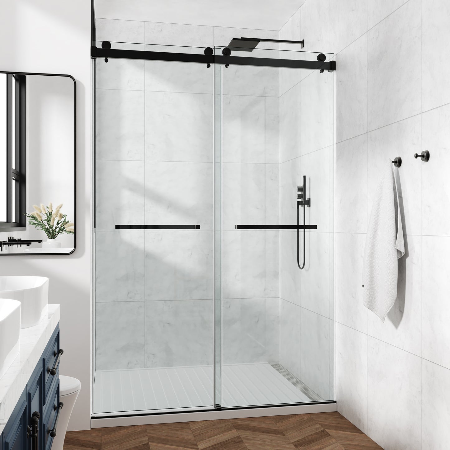 Frameless Shower Door, 48“ x 60" H Sliding Glass Shower Door, 3/8" Thick Tempered Clear Glass Shower Door with Easy Clean & Explosion-Proof Film, Matte Black Stainless Steel Hardware