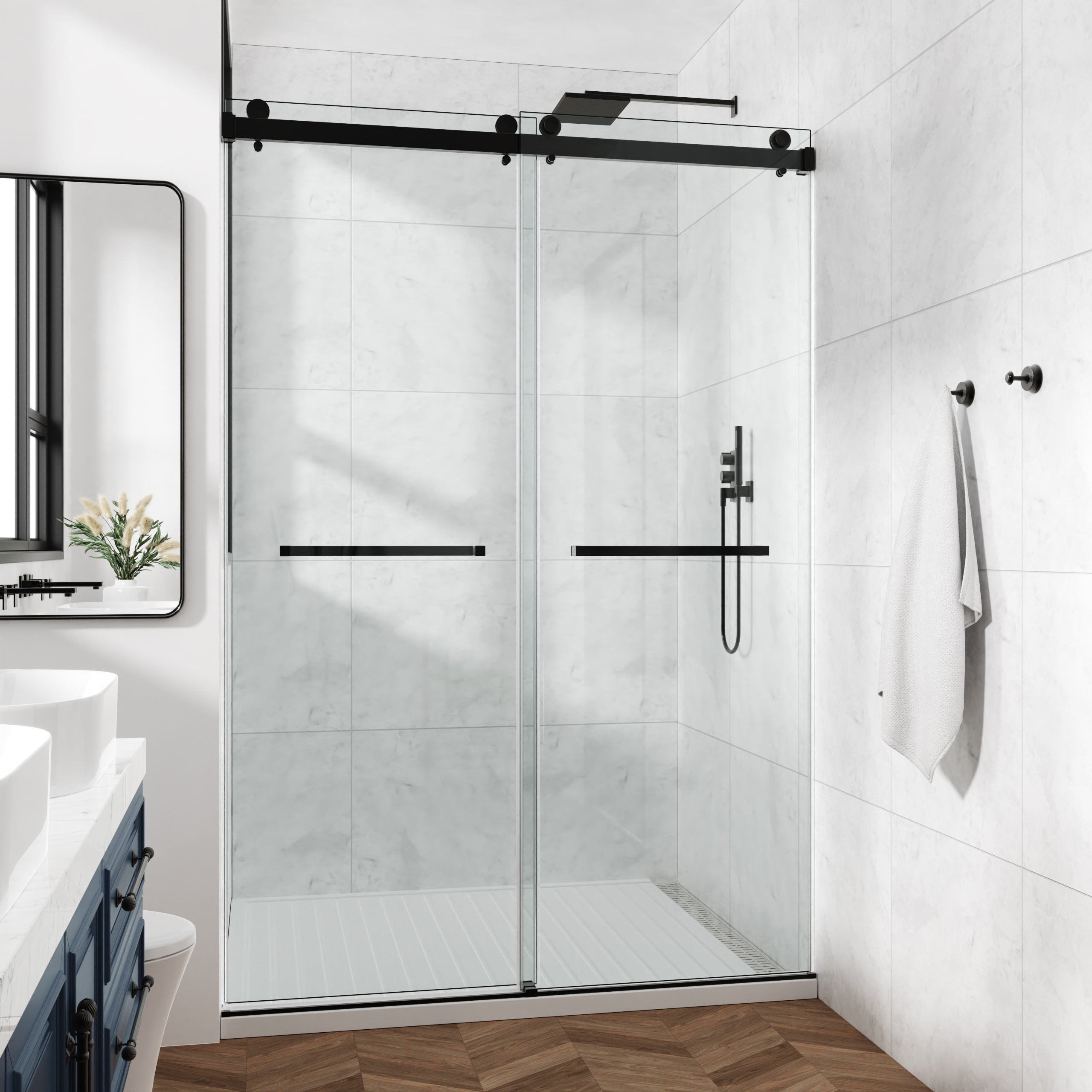 Frameless Shower Door, 54“ x 60" H Sliding Glass Shower Door, 3/8" Thick Tempered Clear Glass Shower Door with Easy Clean & Explosion-Proof Film, Matte Black Stainless Steel Hardware