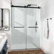 Frameless Shower Door, 54“ x 66" H Sliding Glass Shower Door, 3/8" Thick Tempered Clear Glass Shower Door with Easy Clean & Explosion-Proof Film, Matte Black Stainless Steel Hardware