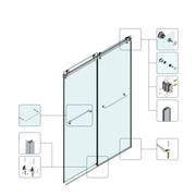 Frameless Shower Door, 54“ x 66" H Sliding Glass Shower Door, 3/8" Thick Tempered Clear Glass Shower Door with Easy Clean & Explosion-Proof Film, Matte Black Stainless Steel Hardware