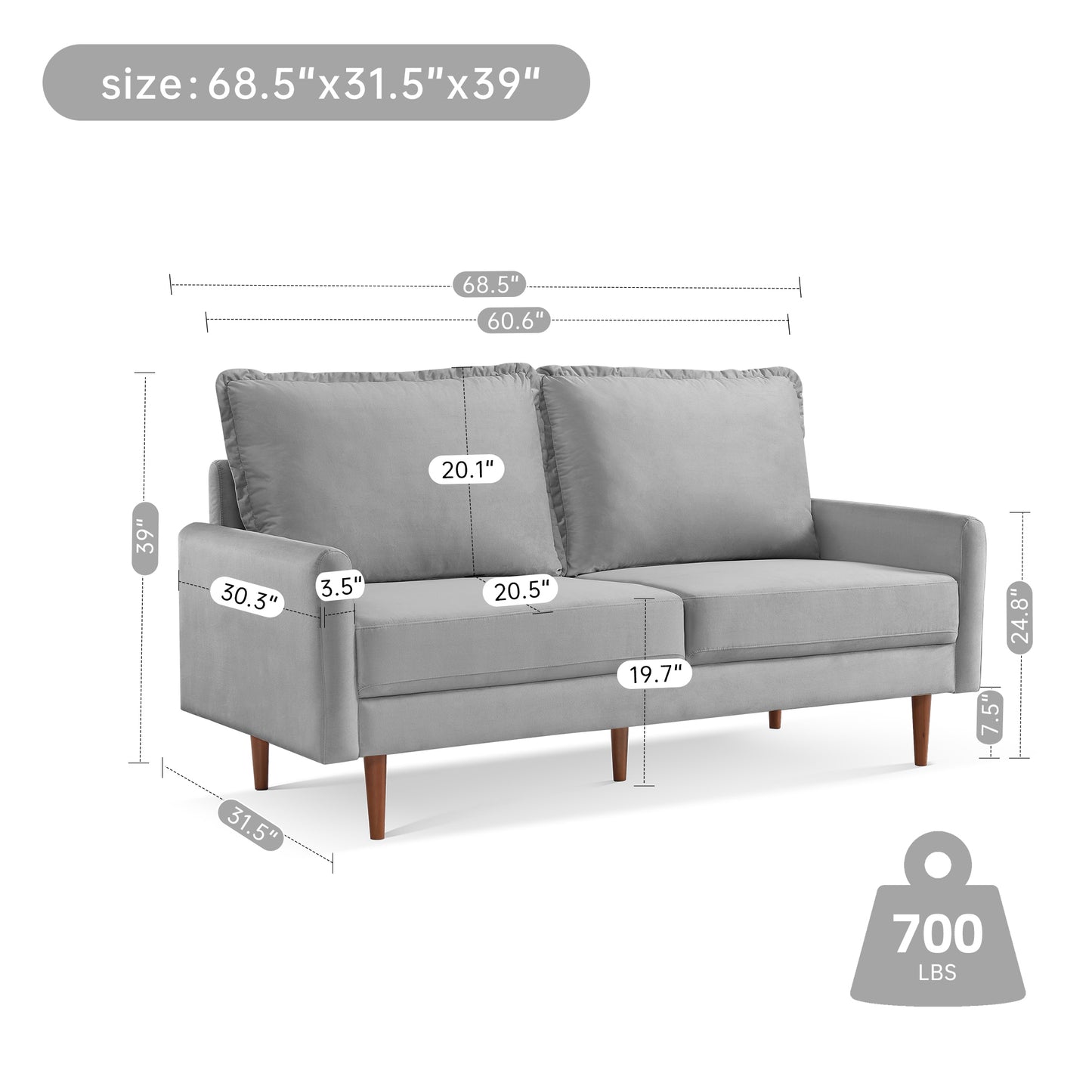 Dormily 69 inch Velvet Sofa: Modern Sofa Mid-Century Style, 3-Seater Modern Couch with Seater Cushions - Perfect for Living Rooms, Bedrooms, Home Offices, and Apartments