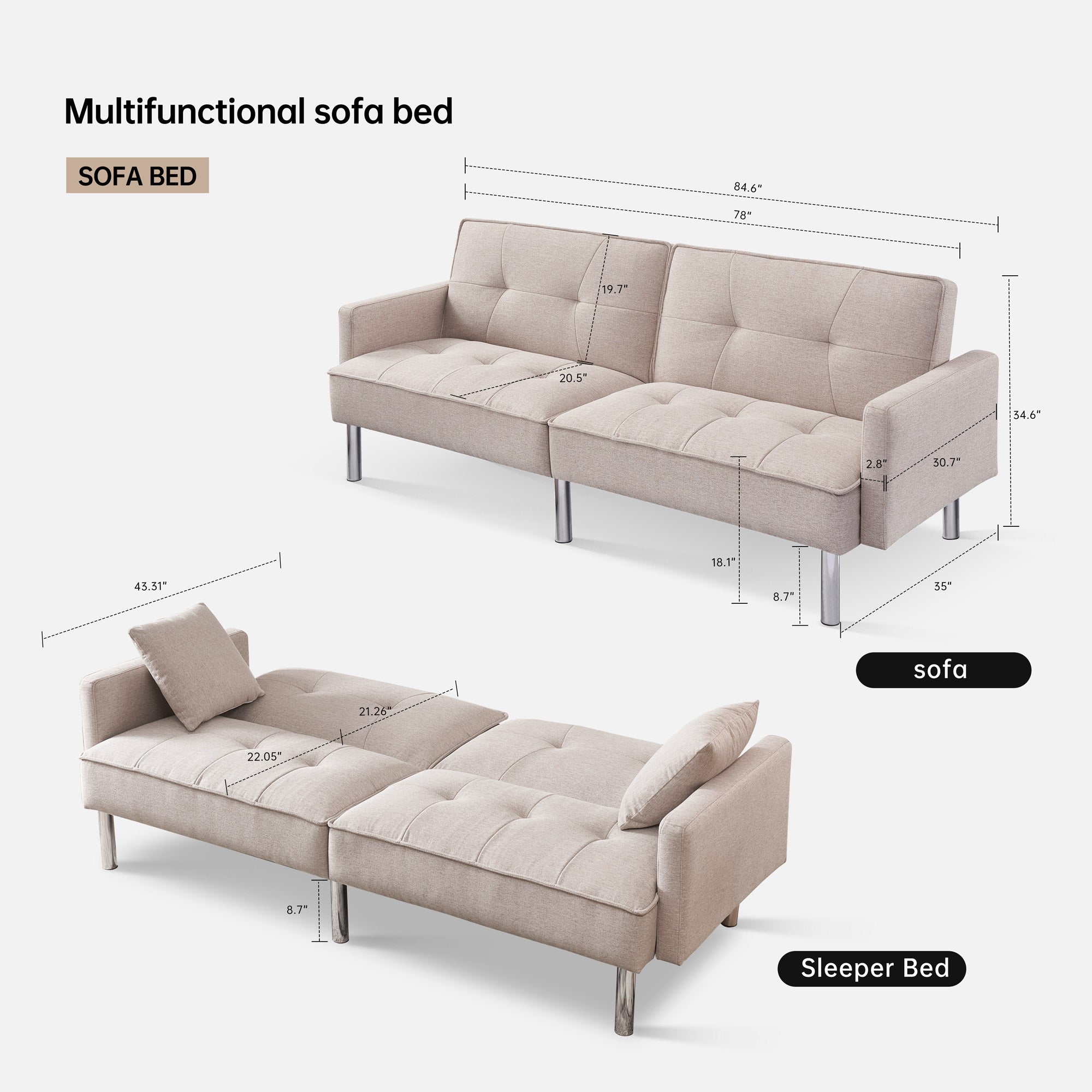 Dormily 84 inch Modern Sofa: Modern Futon Mid-Century Style, 3-Seater Modern Couch with 2 Pillows - Perfect for Living Rooms, Bedrooms, Home Offices, and Apartments