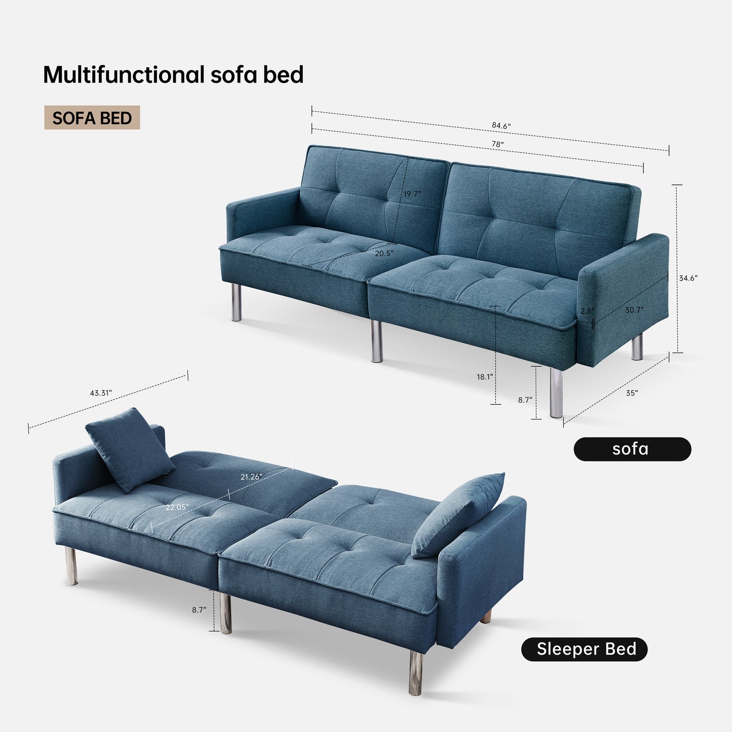 Dormily 84 inch Modern Sofa: Modern Futon Mid-Century Style, 3-Seater Modern Couch with 2 Pillows - Perfect for Living Rooms, Bedrooms, Home Offices, and Apartments