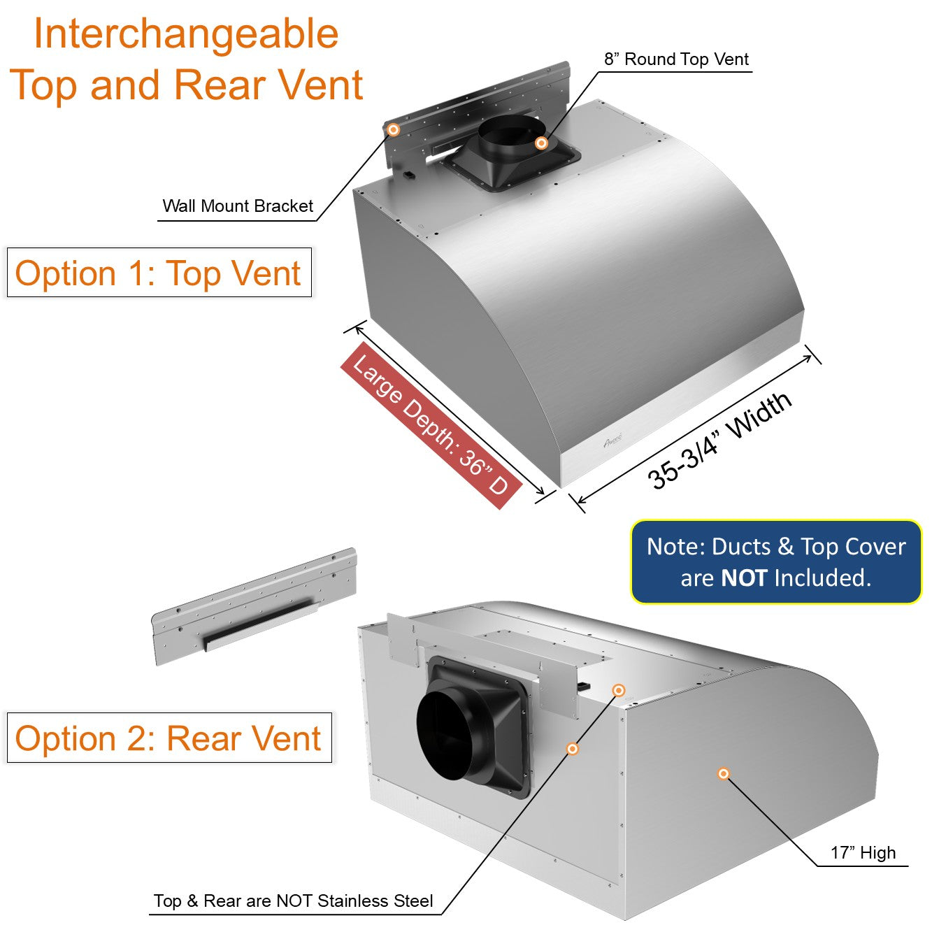 Awoco 36" Outdoor BBQ Vent Hood 18" High Type 304 Stainless Steel, 4 Speeds 1000 CFM, Adjustable LED Lights, 8” Round Top Vent + 12" Chimney Cover