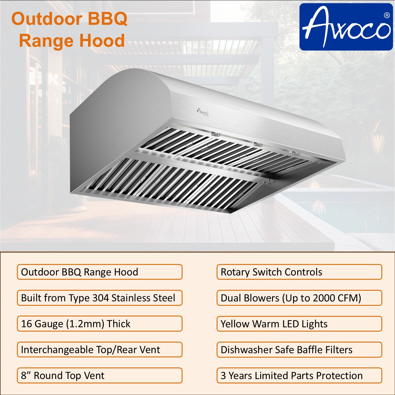 Awoco 42" Outdoor BBQ Vent Hood 18" High Type 304 Stainless Steel, 4 Speeds 2000 CFM, Dual Blowers, Adjustable LED Lights, 8” Round Top Vent