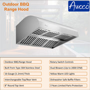 Awoco 48" Outdoor BBQ Vent Hood 18" High Type 304 Stainless Steel, 4 Speeds 2000 CFM, Dual Blowers, Adjustable LED Lights, 8” Round Top Vent + 12"H Chimney Cover.