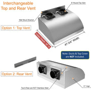 Awoco 48" Outdoor BBQ Vent Hood 18" High Type 304 Stainless Steel, 4 Speeds 2000 CFM, Dual Blowers, Adjustable LED Lights, 8” Round Top Vent