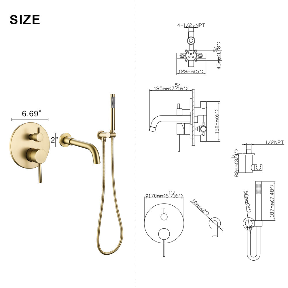 Rbrohant Wall-Mounted Tub Filler with Shower Wand for Modern Bathroom Wall Installation