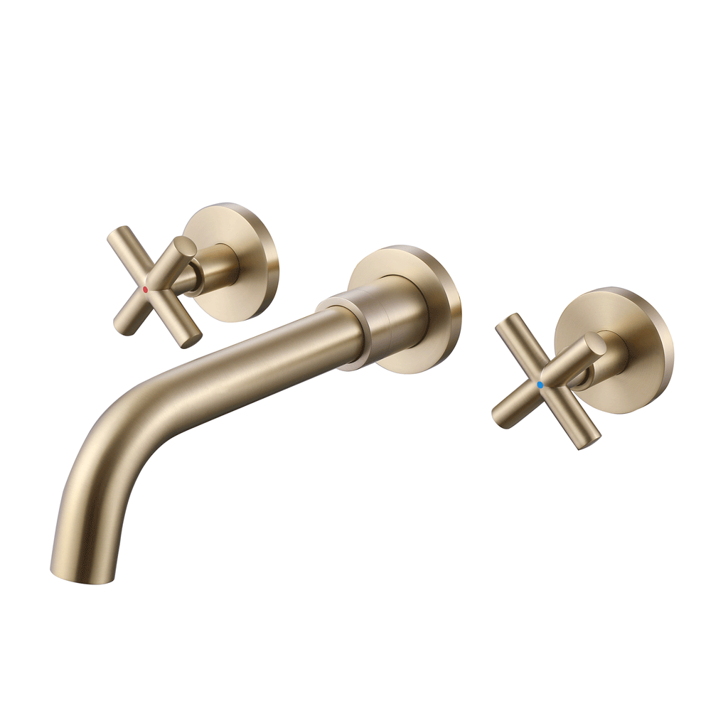 Rbrohant Wall Mount Bathroom Sink Faucet with Cross Handles - Brushed Gold