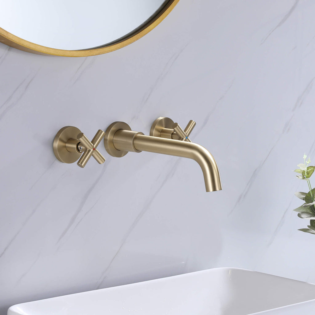 Rbrohant Wall Mounted Bathroom Faucet Brushed Gold - 8 Inch Cross Handle Solid Brass Basin Sink Faucet, CEC Certified, cUPC Valve