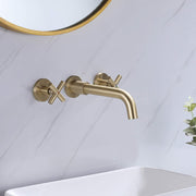 Rbrohant Wall Mounted Bathroom Faucet Brushed Gold - 8 Inch Cross Handle Solid Brass Basin Sink Faucet, CEC Certified, cUPC Valve