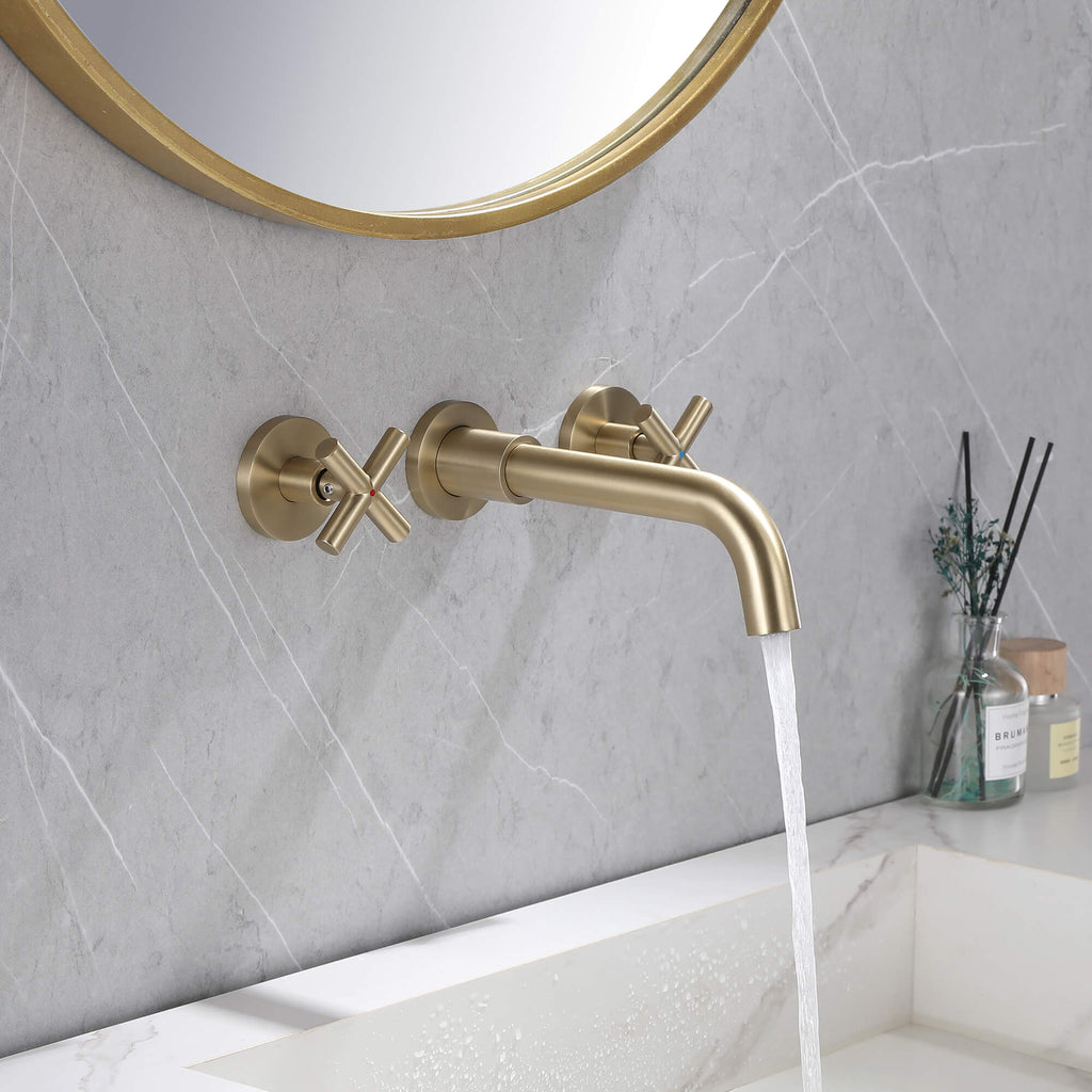 Rbrohant Wall Mount Bathroom Sink Faucet with Cross Handles - Brushed Gold