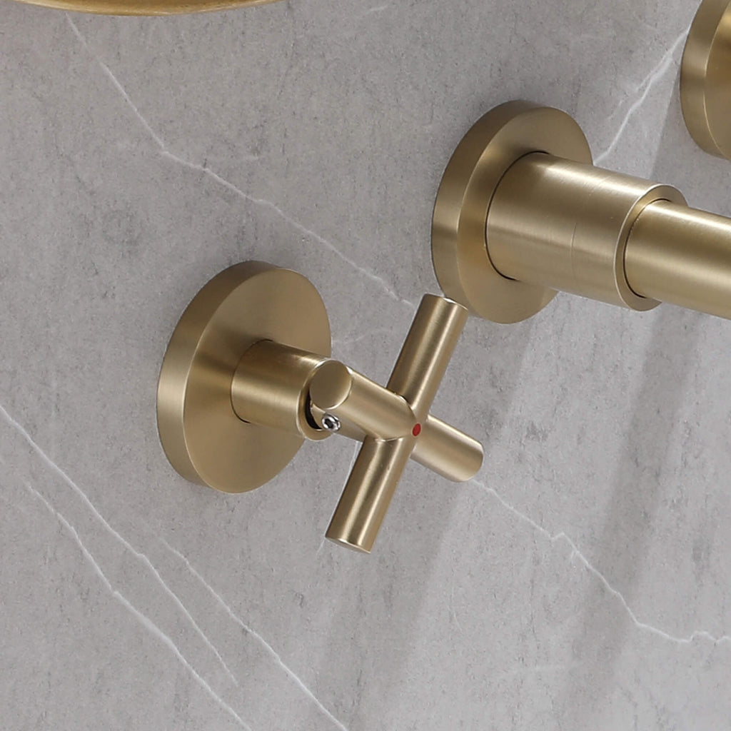 Rbrohant Wall Mount Bathroom Sink Faucet with Cross Handles - Brushed Gold