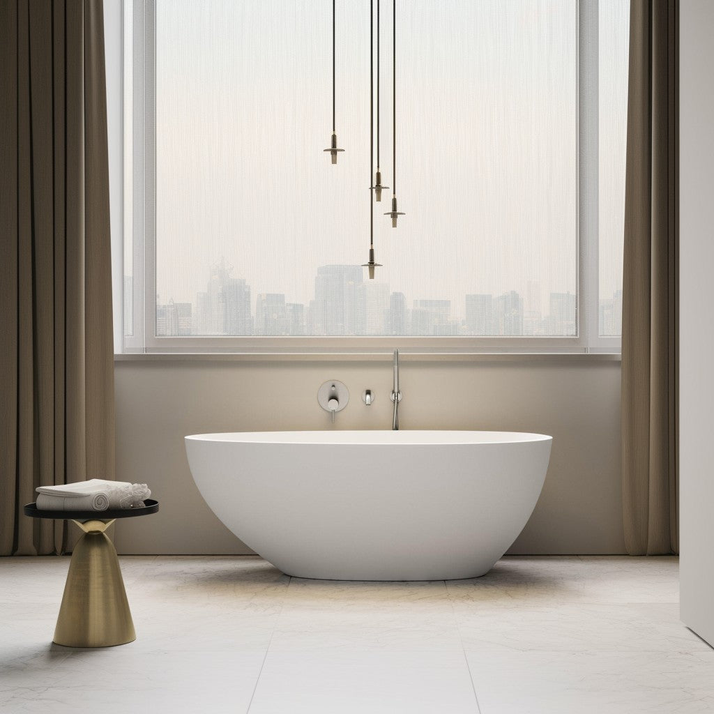 Rbrohant Stone Resin Freestanding Soaking Tub – Solid Surface with Drain & Overflow