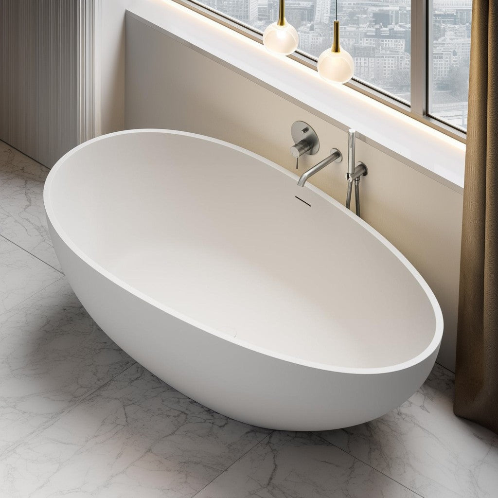 Rbrohant Stone Resin Freestanding Soaking Tub – Solid Surface with Drain & Overflow