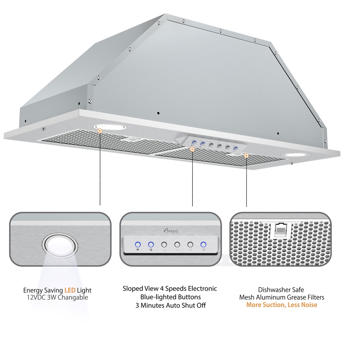 Awoco 30" 11-3/4"D Built-in Insert Stainless Steel Range Hood for Wood Hoods, 4 Speeds 6” Round Top Vent 600CFM LED Lights