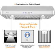 Awoco RH-C06-30 Under Cabinet Range Hood - Electronic Buttons - 900 CFM