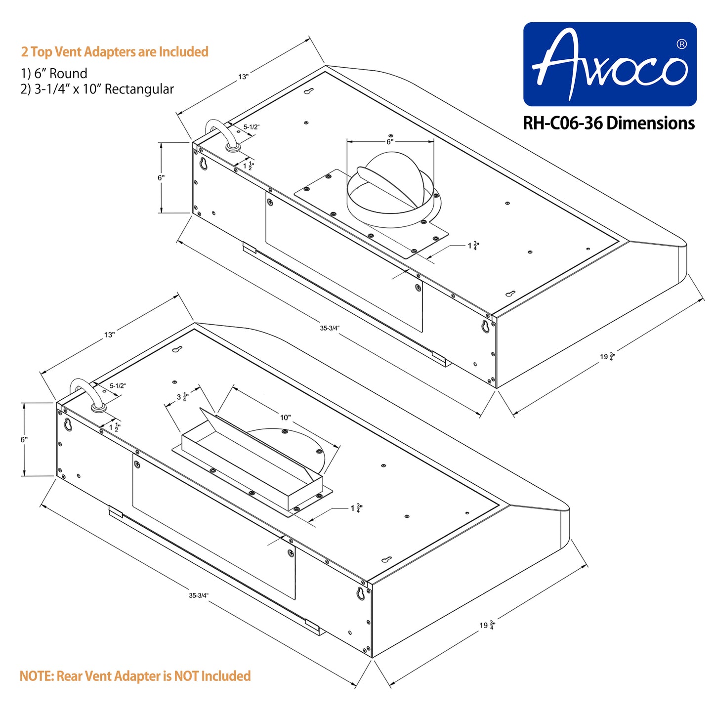 Awoco 36" Under Cabinet Classic 6”H Stainless Steel Range Hood, 4 Speeds 900CFM LED Lights