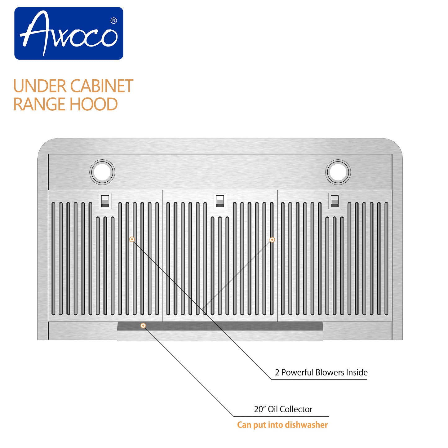 Awoco 36" Under Cabinet Classic 6”H Stainless Steel Range Hood, 4 Speeds 900CFM LED Lights