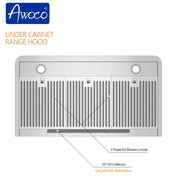 Awoco 36" Under Cabinet Classic 6”H Stainless Steel Range Hood, 4 Speeds 900CFM LED Lights