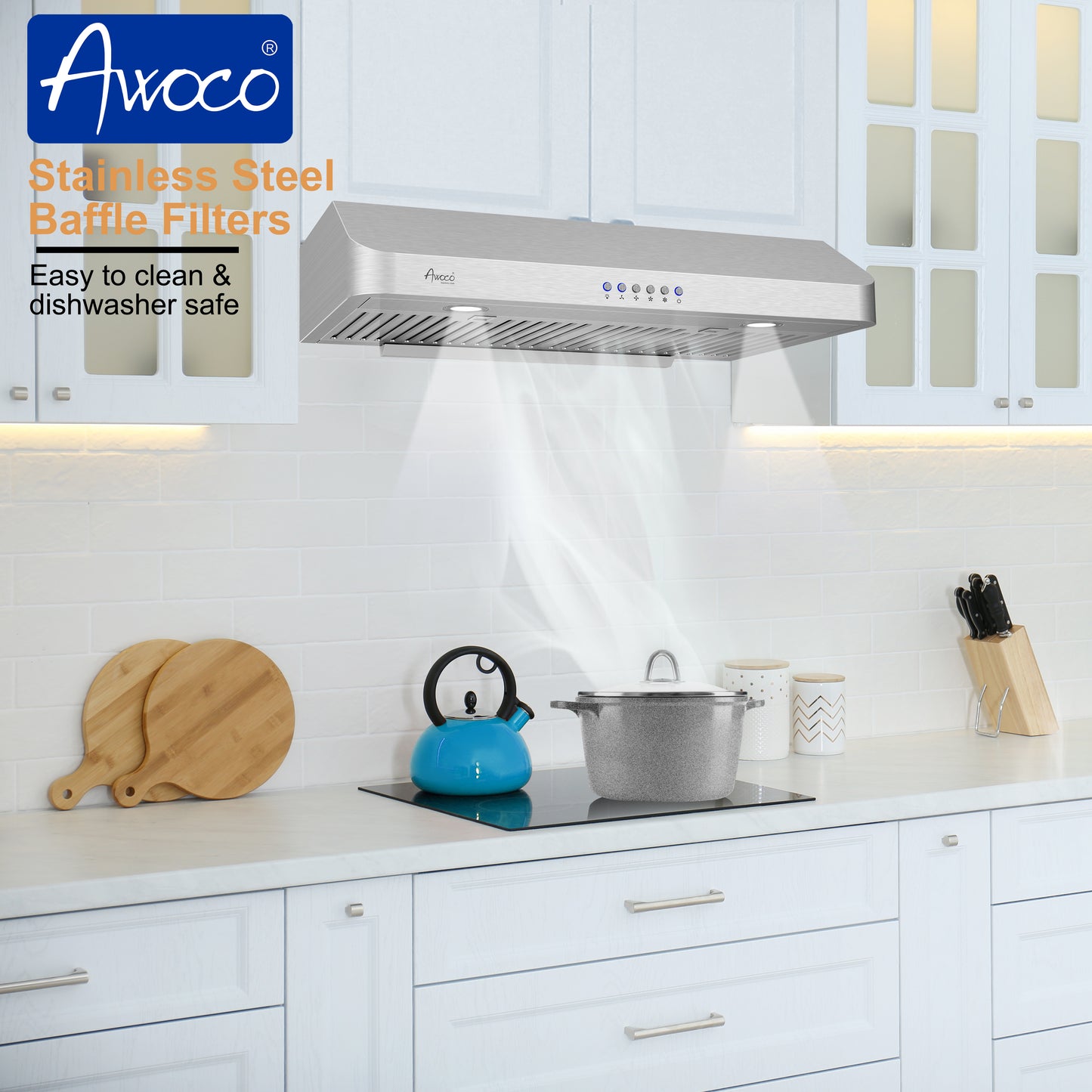 Awoco 30" Under Cabinet Classic 6”H Stainless Steel Range Hood, 4 Speeds 900CFM LED Lights