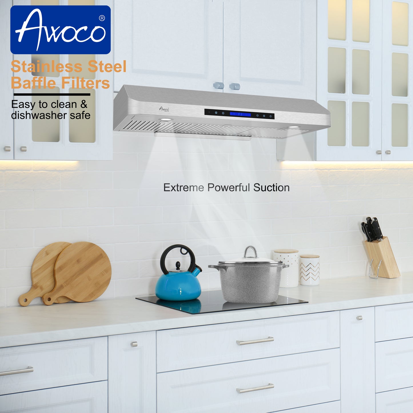 Awoco 42" Under Cabinet All-In-One Stainless Steel Range Hood, 4 Speeds 900 CFM with Remote Control W/ LED Lights & 2 Levels of Lighting