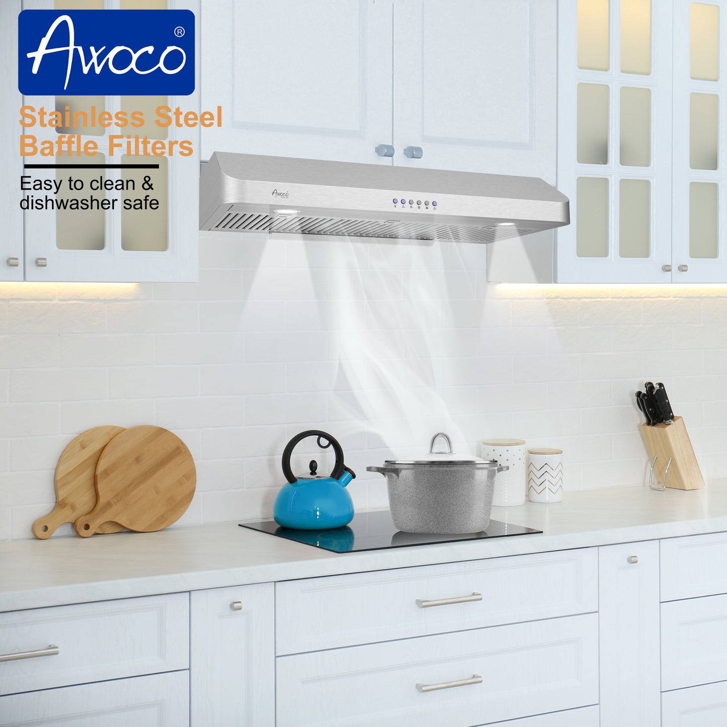 Awoco 36" Under Cabinet Classic 6”H Stainless Steel Range Hood, 4 Speeds 900CFM LED Lights