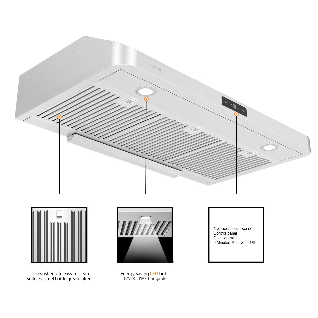 Leyso Simple 36" Under Cabinet Stainless Steel Range Hood, Digital 4-Speed Control 900 CFM 2 LED Lights Baffle Filters