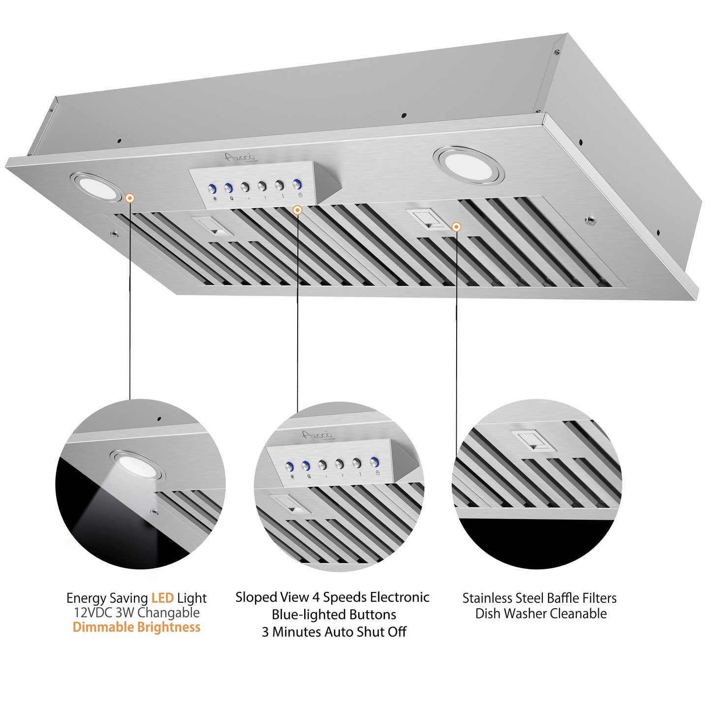 Awoco RH-IT06 11-3/4"D Super Quiet Split Insert Stainless Steel Range Hood, 4 Speeds with a 6” Blower Unit 800CFM LED Lights