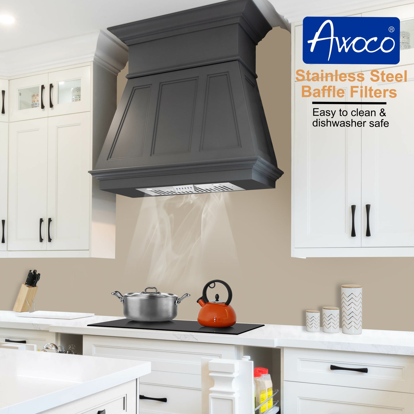 Awoco RH-IT06-M 14-1/2"D Super Quiet Split Insert Stainless Steel Range Hood, 4 Speeds with a 6" Blower Unit 800CFM LED Lights